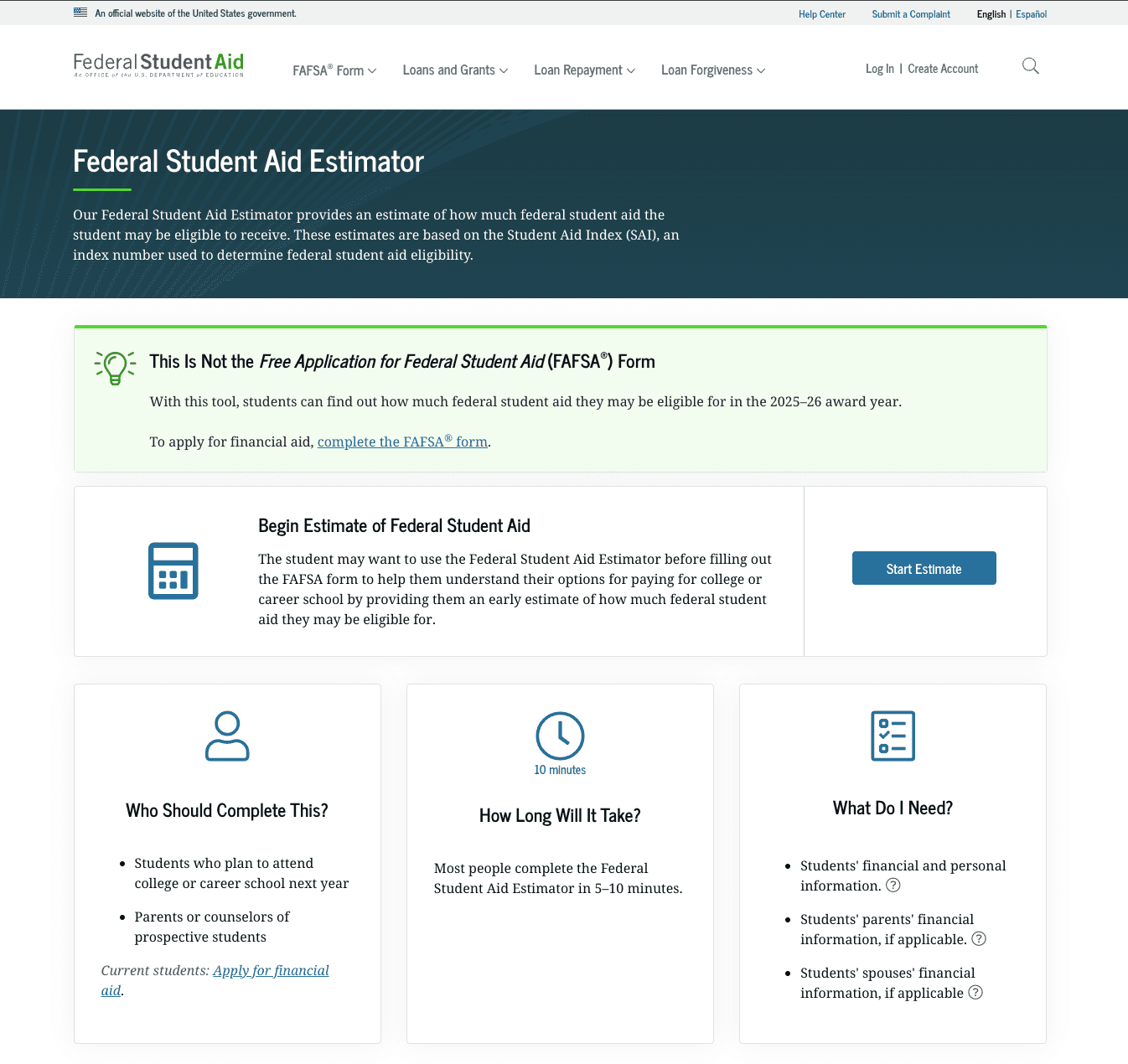 Student Financial Aid Estimator from the FAS webpage.